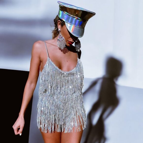 Festival Sequin Fringe Rainbow Bodysuit Romper Diamond Bachelorette Dress - Picture 1 of 7